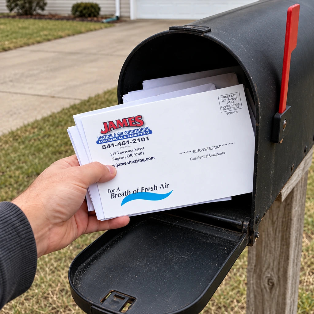 Hand retrieving a James Heating and Air Conditioning mailer from an open black mailbox.