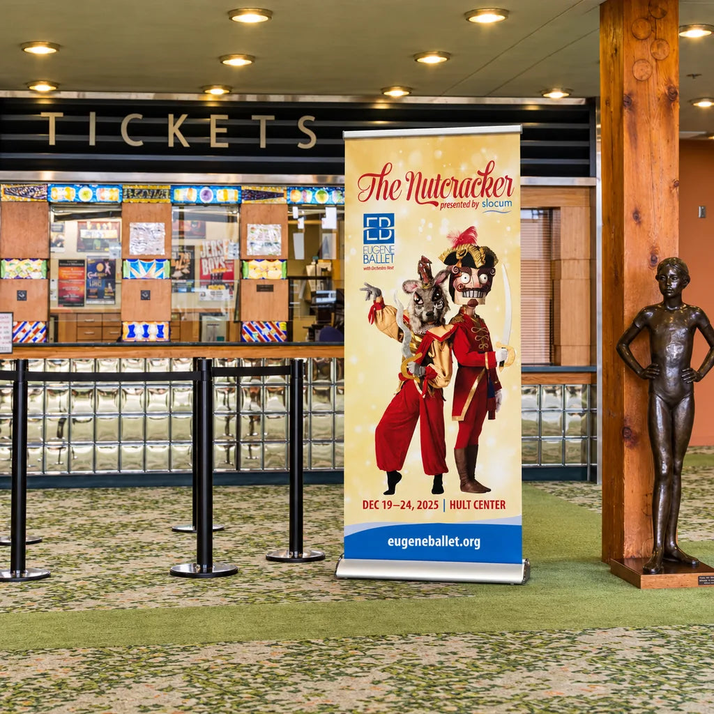 Eugene Ballet Nutcracker retractable banner displayed beside the ticket queue in the Hult Center lobby.