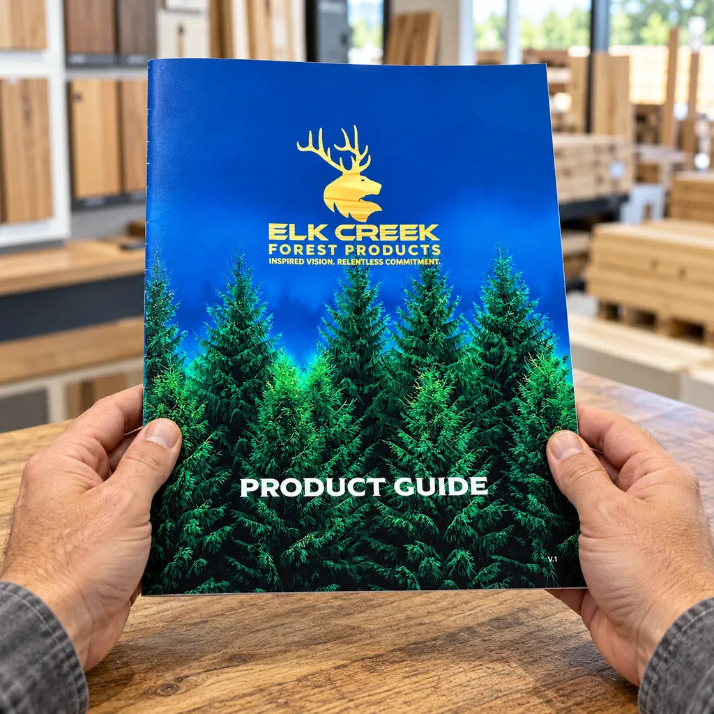 Hands holding an Elk Creek Forest Products product guide at a lumber showroom counter.