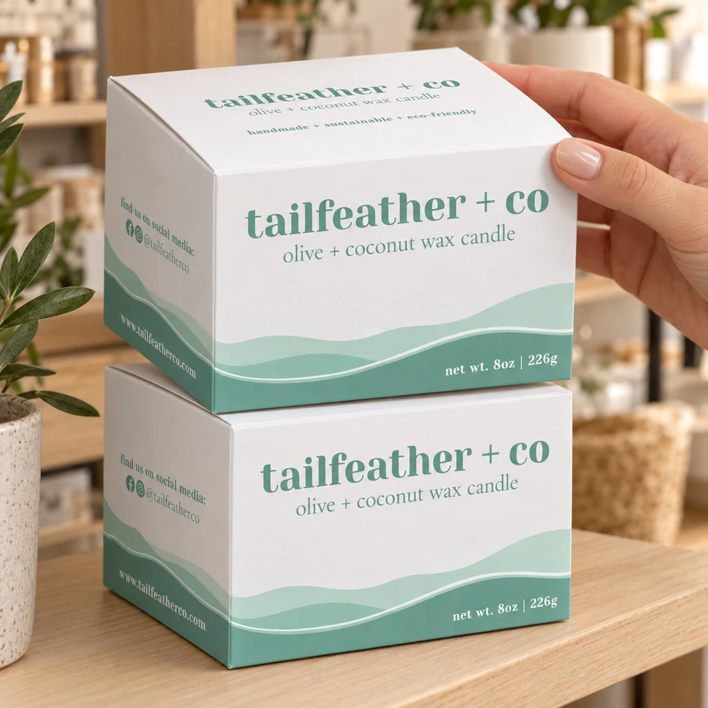 A shopper selecting a Tailfeather + Co candle box from a small retail display, showing its printed front, side and top.