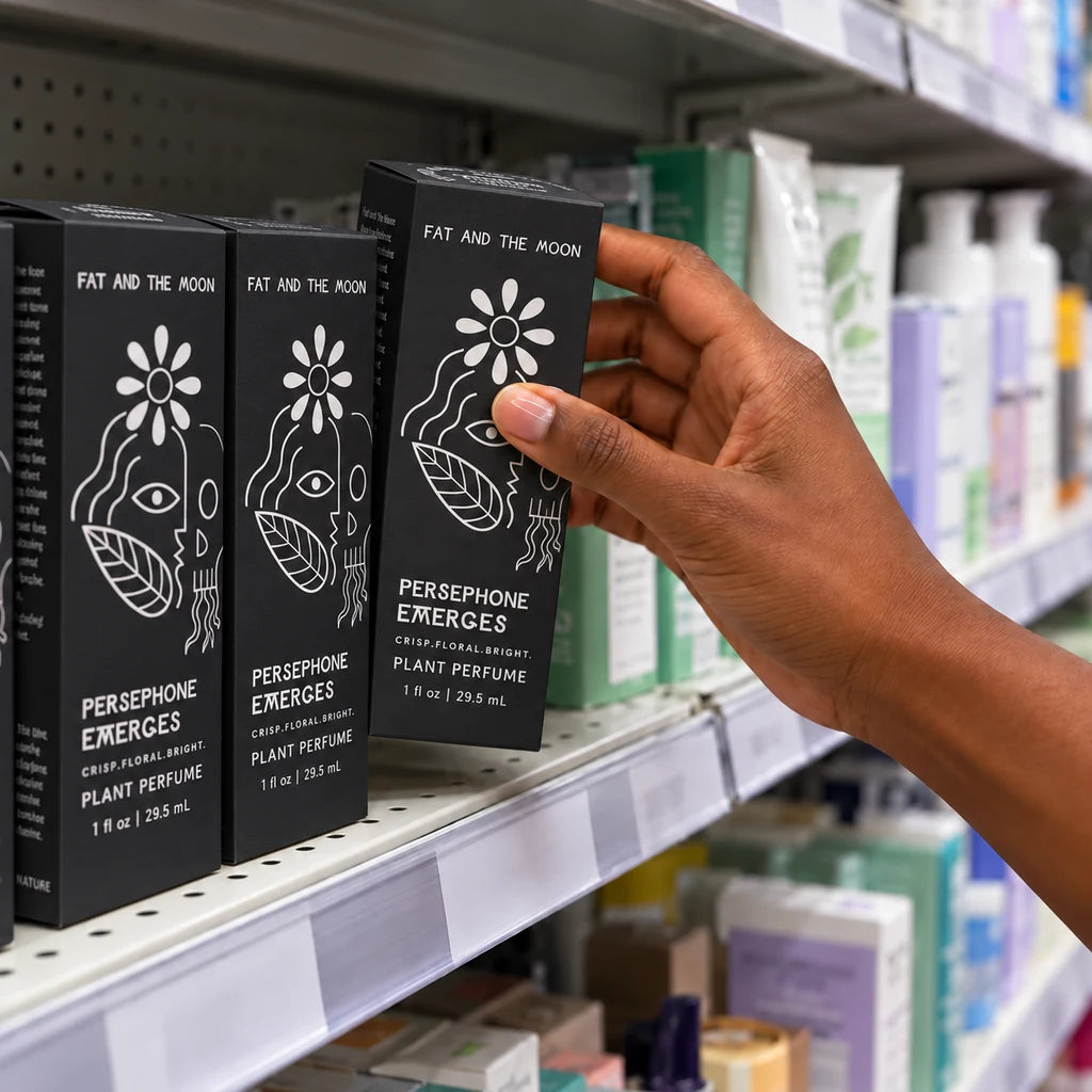 A shopper's hand selecting a black Fat and the Moon Persephone Emerges perfume carton from a retail shelf.