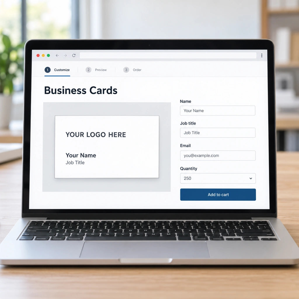 Laptop displaying a business card preview, personalization fields, and an online ordering button.