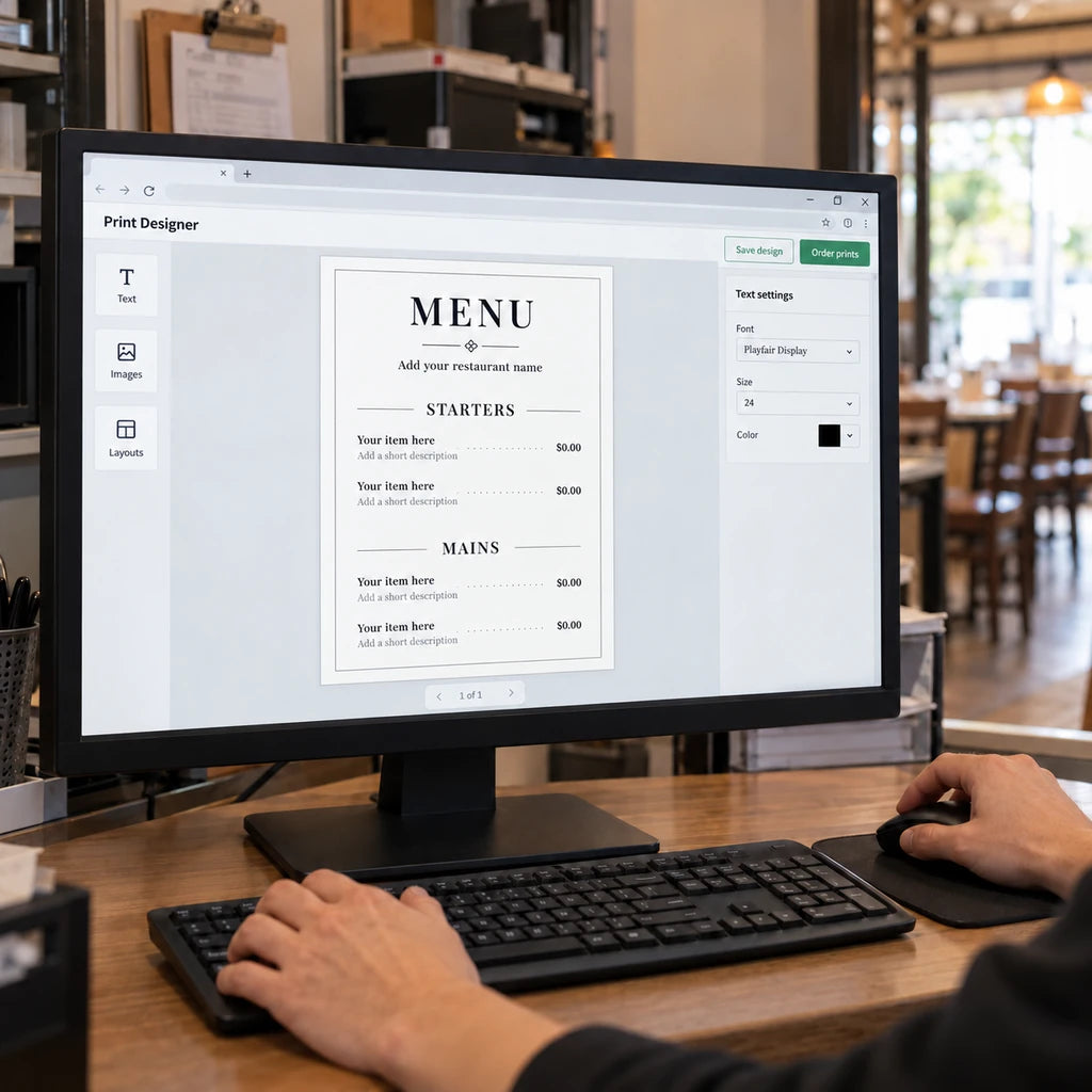 Hands using a desktop PC to customize a menu template in an online print designer.