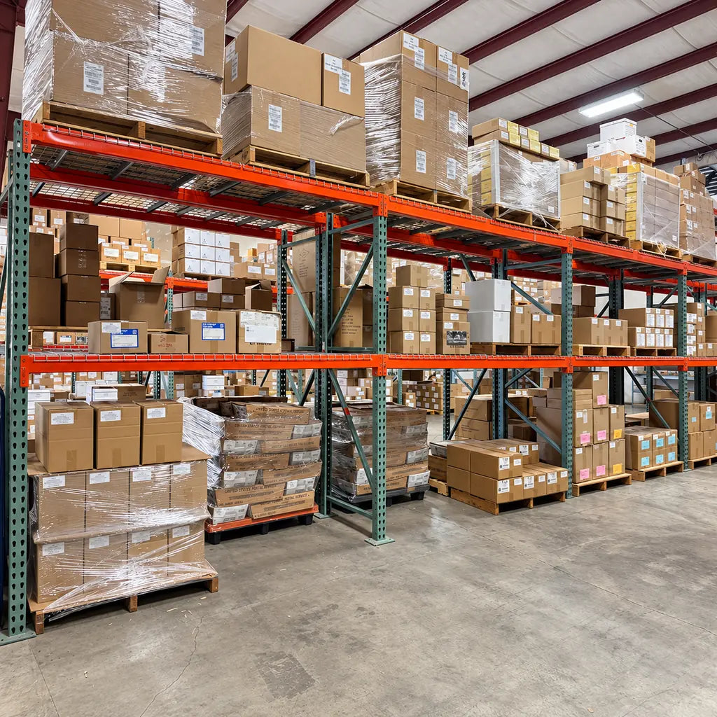 Koke Printing's warehouse with labeled cartons and shrink-wrapped pallets stored on orange and green steel racks.