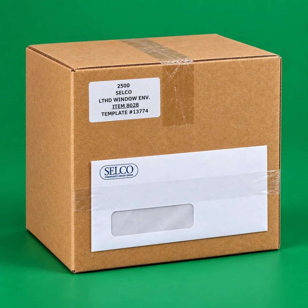 A clean corrugated storage carton with an inventory label and a SELCO window-envelope sample secured with a strip of clear tape, on a green studio background.