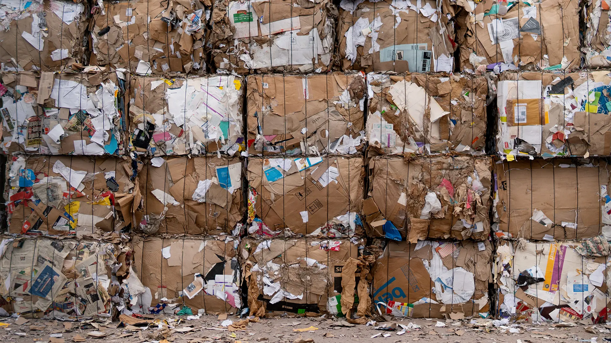 Compressed bales of cardboard and paper stacked in rows for recycling.